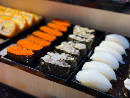 Sushi set on the table in a Japanese restaurant. Close-upの写真素材