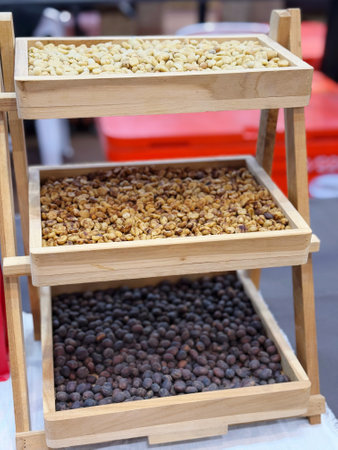 Coffee beans in wooden box for sale at street food marketの写真素材