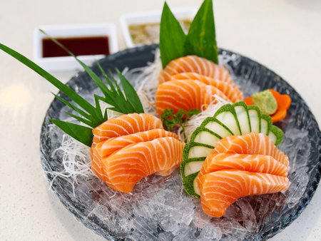 Salmon sashimi on ice with soy sauce and wasabiの写真素材