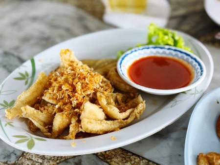 Fried squid with sweet and sour sauce in a white plate.の写真素材
