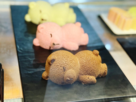 Teddy bears on the counter of a toy store, close-up