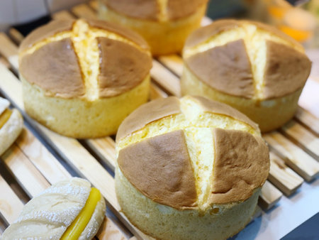 Close up of fresh baked bread on display at the bakery shop.の写真素材