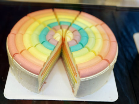 Rainbow cake in bakery shop, Thailand. Selective focus.