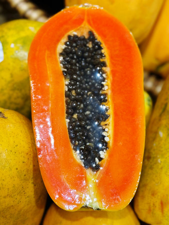 Papaya fruit on the counter in the market, Thailand.の写真素材