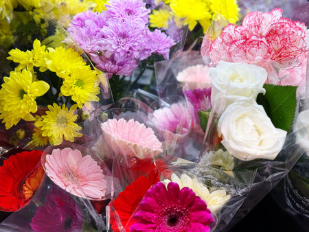 Beautiful bouquet of flowers in a flower shop, stock photoの写真素材