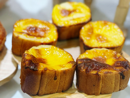 Egg tart, typical dessert of Catalonia, Spain, selective focusの写真素材