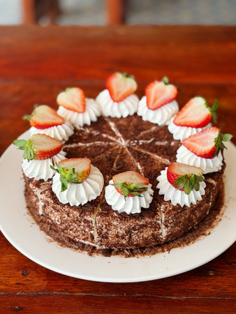 Chocolate cake with strawberries on a white plate on a wooden tableの写真素材