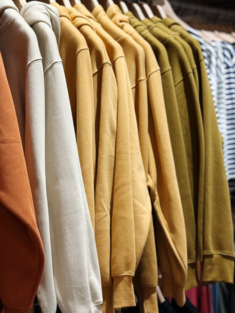 clothes on hangers in a shop, closeup of photo