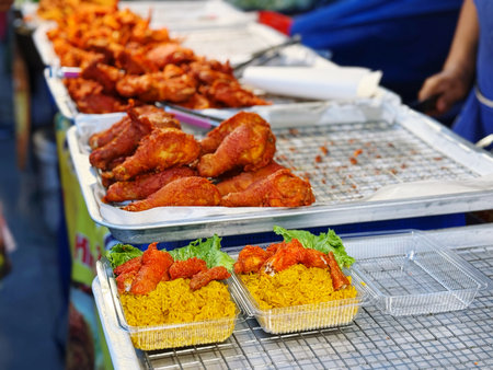 Fried chicken wings at street food market in Thailand, Asia.の写真素材