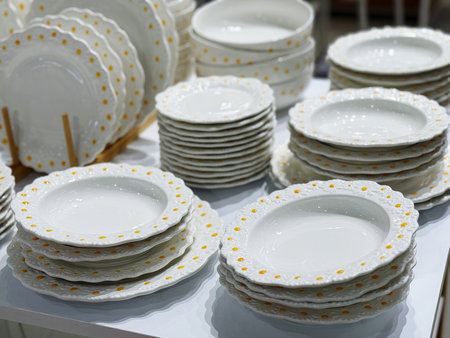 Set of ceramic tableware in a restaurant, closeup of photo