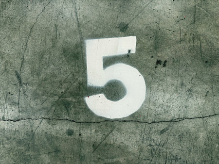 Number 5 painted on grunge metal wall. Abstract background and texture for design.の写真素材