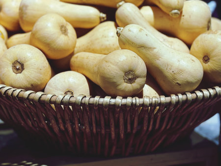 butternut squash in a basket on the counter in the marketの写真素材