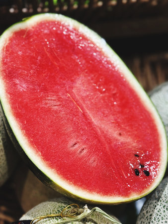 Close up of watermelon on wooden table, shallow depth of fieldの写真素材