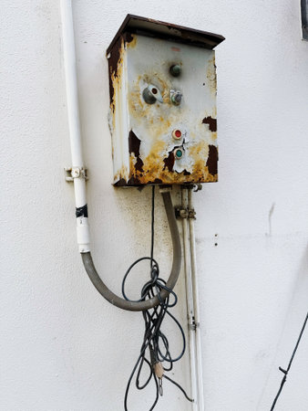 Old electric switch on a white wall in the town of Algarve, Portugal.