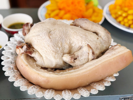 Boiled chicken on a white plate with pickled vegetables and sauceの写真素材