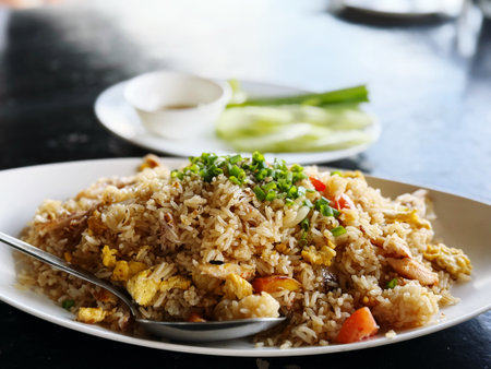 Fried rice with pork and egg, thai style food.の写真素材