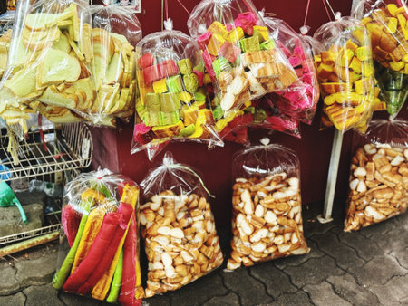 Snacks for sale at the street food market in Bangkok, Thailand.の写真素材