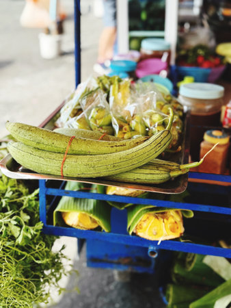 Vegetables for sale at a street food market in Thailand.の写真素材