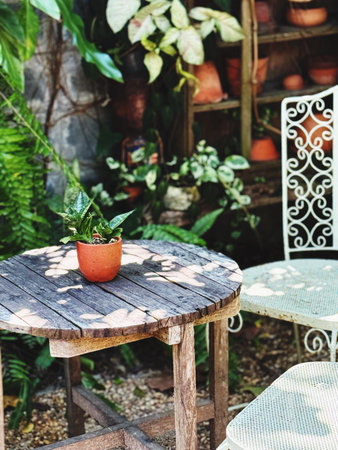 Wooden table and chairs in the garden. Selective focus.の写真素材