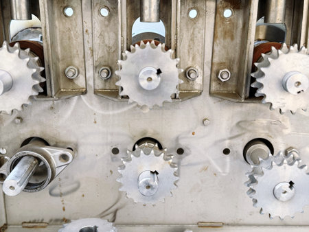 Industrial machinery, closeup of metal gears and cogwheels