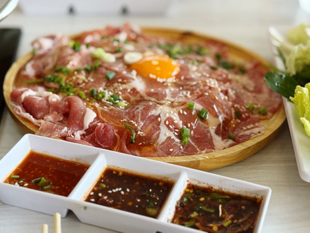 Korean food, raw pork sirloin shabu shabuの写真素材