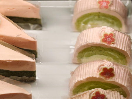 closeup of a selection of colorful cakes on display at a pastry shop