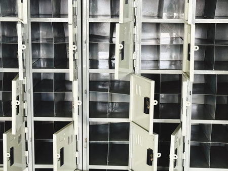 Modern metal lockers in the warehouse. Storage and storage of goods.