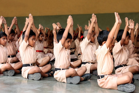 School children doing yogaのeditorial素材