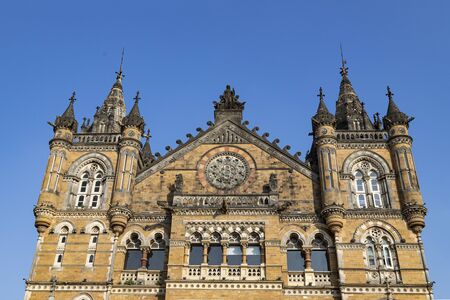 Close- up veiw of Chhatrapati Shivaji Terminus formerly Victoria Terminus in Mumbai, historic railway station which serves as the headquarters of the Central Railways.のeditorial素材