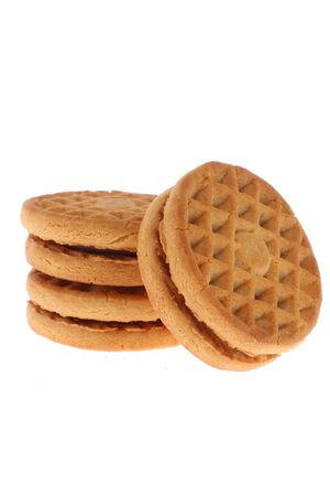 Chocolate chip cookies isolated on white background. Sweet biscuits. Homemade pastry.の写真素材