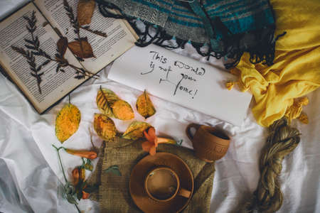 Autumn still life with cup of tea, book and autumn leaves on white bedding.の写真素材