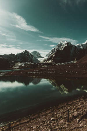 Mountain lake in Himalayas, Nepal. Toned.の写真素材