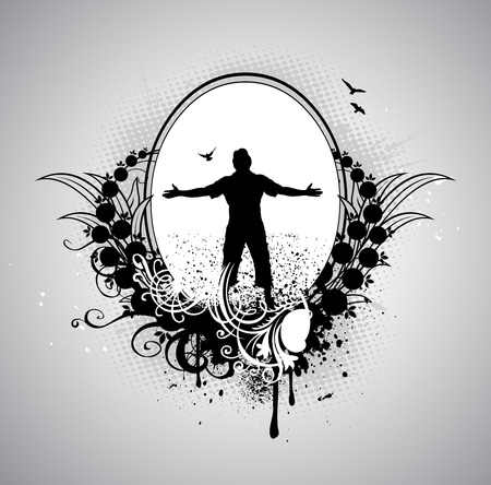 Man with his arms wide open in grunge backgroundのイラスト素材