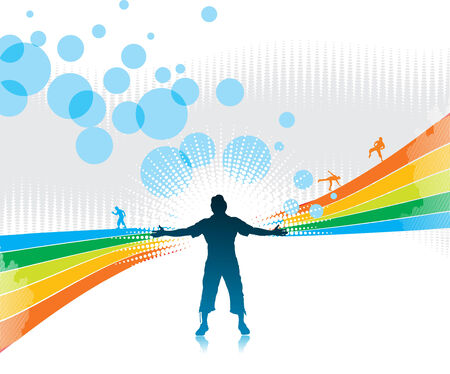 man raising his hands with rainbow wave backgroundのイラスト素材