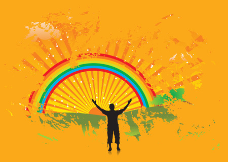 man raising his hands with grunge blue backgroundのイラスト素材