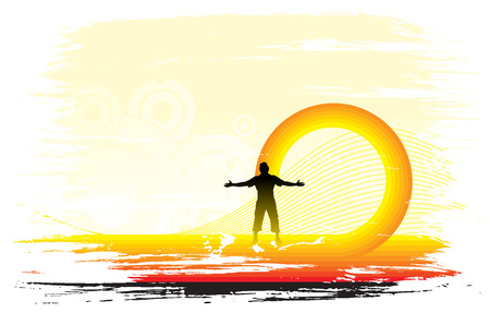 man raising his hands with sun set background, Vector illustration.のイラスト素材