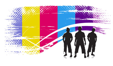 Abstract rainbow urban halftone background with standing boys. のイラスト素材