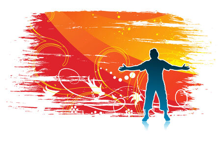 man raising his hands with grunge floral backgroundのイラスト素材