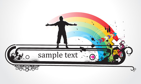 Abstract grunge rainbow background with standing man raising his hands . illustration.のイラスト素材