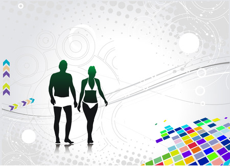 silhouette of young couple having fun summer holiday, illustrationのイラスト素材