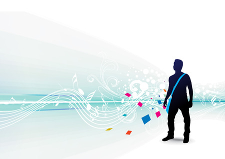 Active young boy with flowing waves line of floral mosaic background. 
のイラスト素材