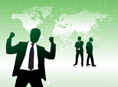 Abstract arrow world map background with standing success businessman silhouette. のイラスト素材