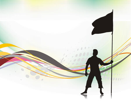 A young man holding a black flag with space of your textのイラスト素材