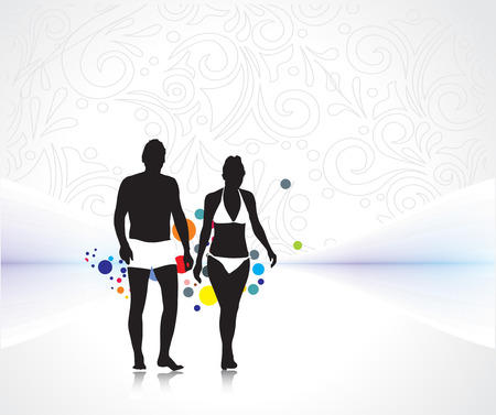 silhouette of young couple having fun summer holiday, vector illustrationのイラスト素材