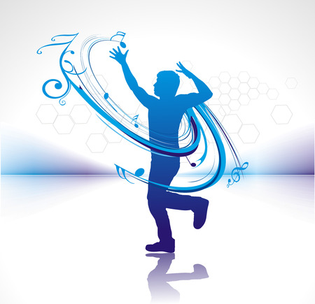 silhouetted a young man enjoy music in swirl wave background, vector illustration.のイラスト素材