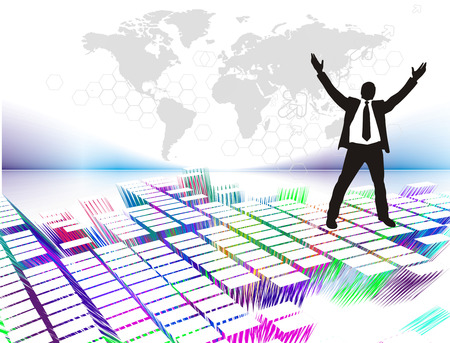 Abstract  3d mosaic background with standing success businessman silhouetted . Vector illustration. のイラスト素材