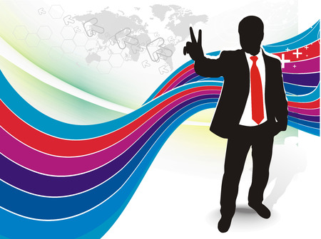 silhouetted of businessman showing Victory sign, symbol for success, vector illustration.のイラスト素材