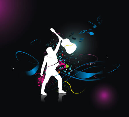silhouette music men play a guitar with color wave line background, Vector Illustrationのイラスト素材