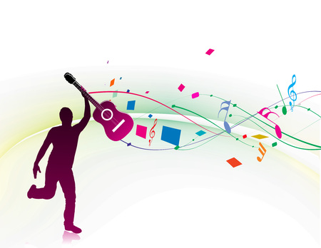 silhouette music men play a guitar with color wave line background, Vector Illustrationのイラスト素材