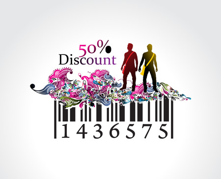 50% discount, man showing of discount in barcode element concept. Vector illustration.のイラスト素材